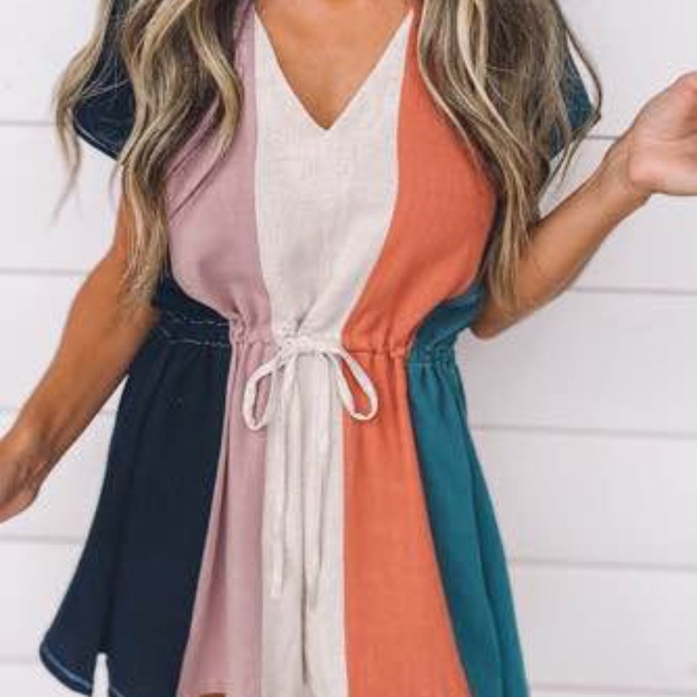 V-Neck Color Block Drawstring Waist Short Sleeve R